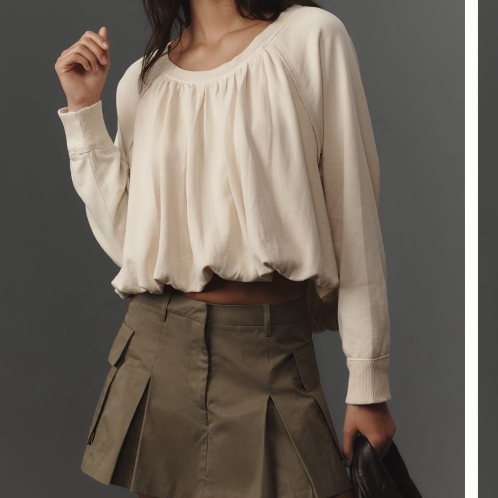 Anthropologie Cream Balloon-Sleeve Cropped sweater